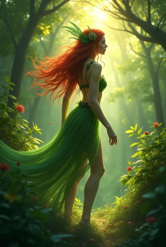 nymph, forest, slender, redhead, green makeup, pale green soft skin, hot, fantasy art style painting
