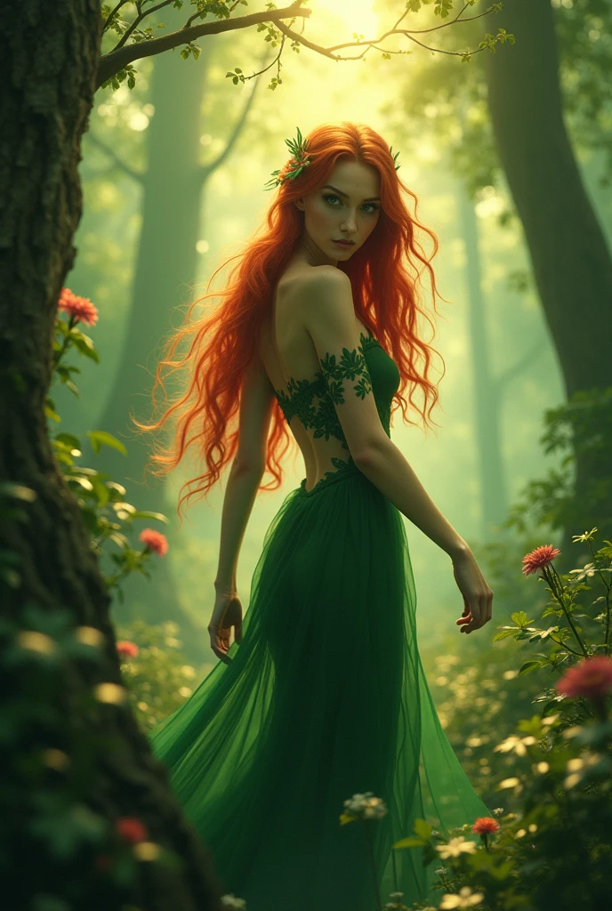 nymph, forest, slender, redhead, green makeup, pale green soft skin, hot, fantasy art style painting
