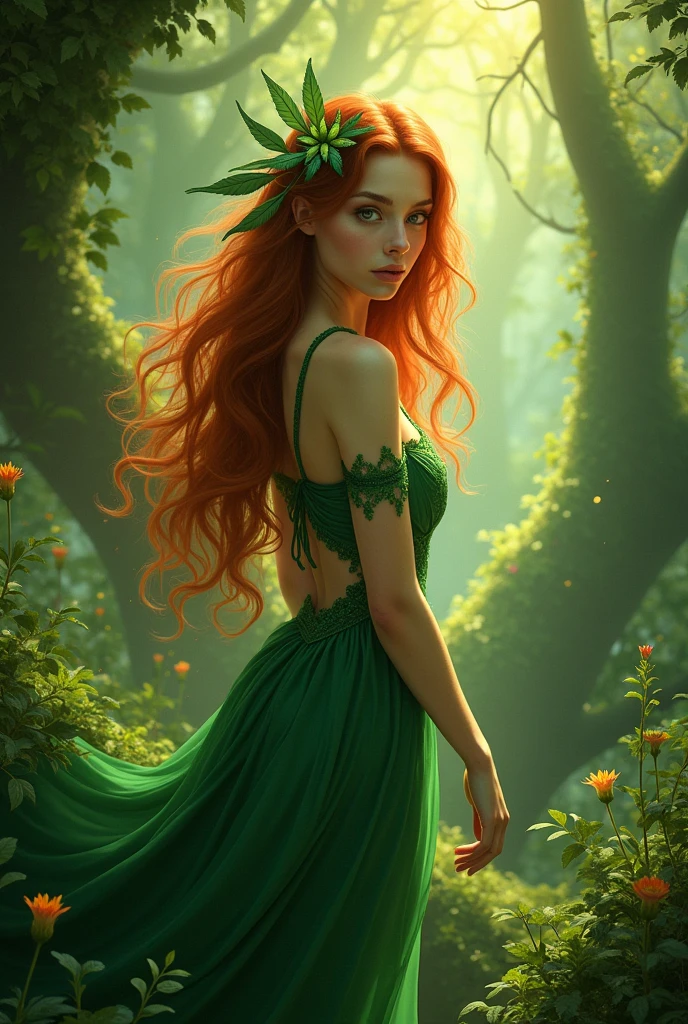 nymph, forest, slender, redhead, green makeup, pale green soft skin, hot, fantasy art style painting