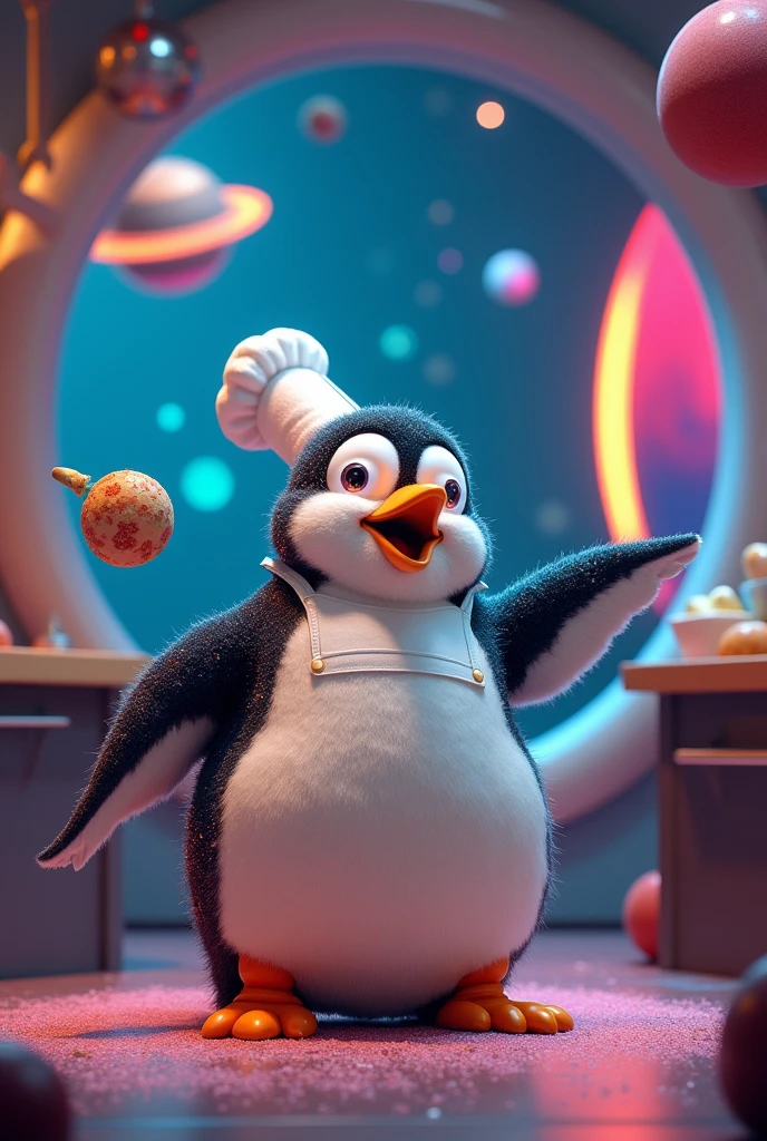 Generate an animated surprised penguin chef in a space kitchen 