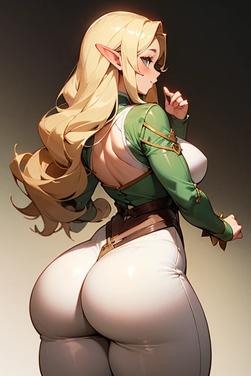 Solo elf girl, big fat juicy ass, widest hips, slim waist, thick supple thighs, blonde curled hair, back shot, elven ranger clothes, tight white trouser, brown leather boots, spreading cheeks