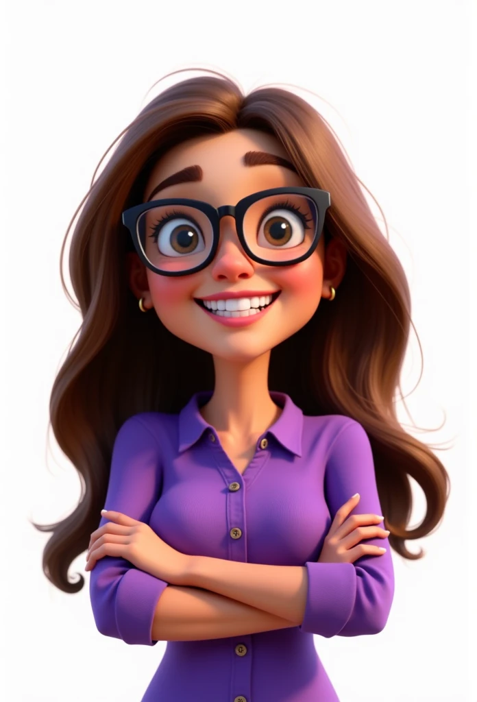 create a 3D Pixar movie poster, The scene should be in Pixar's signature digital art style, with a cartoon image representing a smiling woman, with long brown hair , with purple shirt,with glasses,white background.