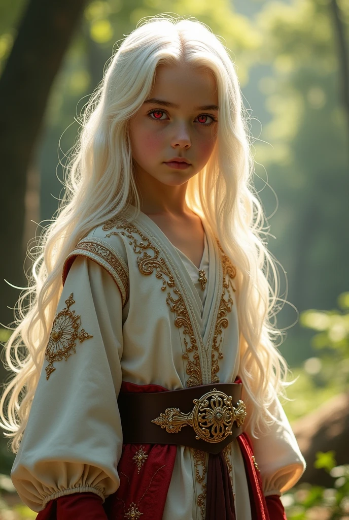 Boy with white hair down to his shoulders, ruby red eyes, Medieval clothing, slightly feminine, serious expression and full body
