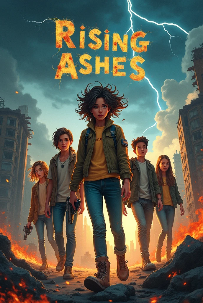 Create a book cover for Rising Ashes that’s about teenagers who are trying to survive a zombie apocalypse