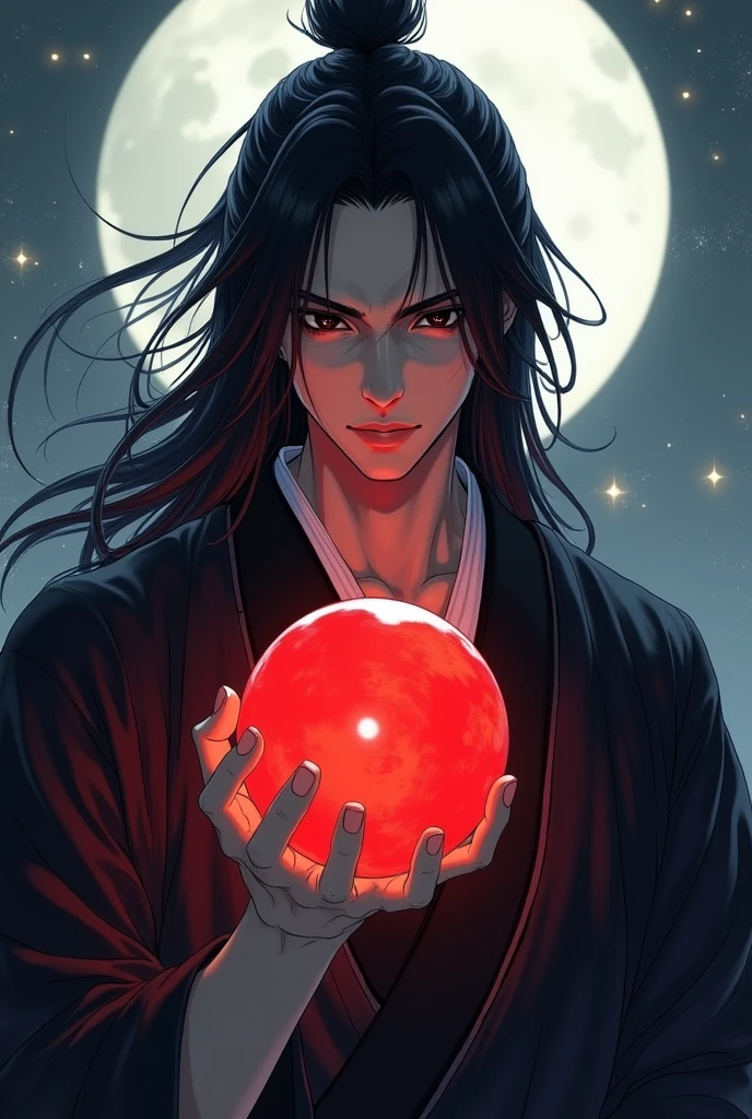 black haired, cold looking man, black eyes, long hair, majestic features, wearing a kimono, holding a glowing red ball of energy in his hand, novel cover.
