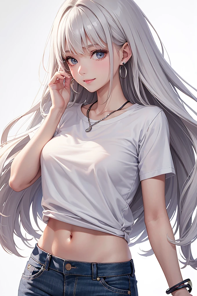 Best Quality,High resolution,8k,(plain white background, no patterns, no textures, just a plain white background:1.3),Masterpiece:1.2),beautiful girl,Glossy romance gray hair,messy hair,Gray eyes,A girl in an oversized short-sleeve sweatshirt or lightweight, breathable top with a simple logo or graphic, paired with high-waisted shorts or relaxed summer pants. She is wearing casual sandals or lightweight sneakers. Accessories include minimalistic earrings and a delicate chain bracelet,Gentle look,A refreshing look,smile,Best quality,Best Quality,Aesthetic and aesthetic:1.2,Best details((Super detailed))(High-definition CG illustrations),Slender body,smile,blush,cute,Scrounge,Looking up,Being spoiled,super model