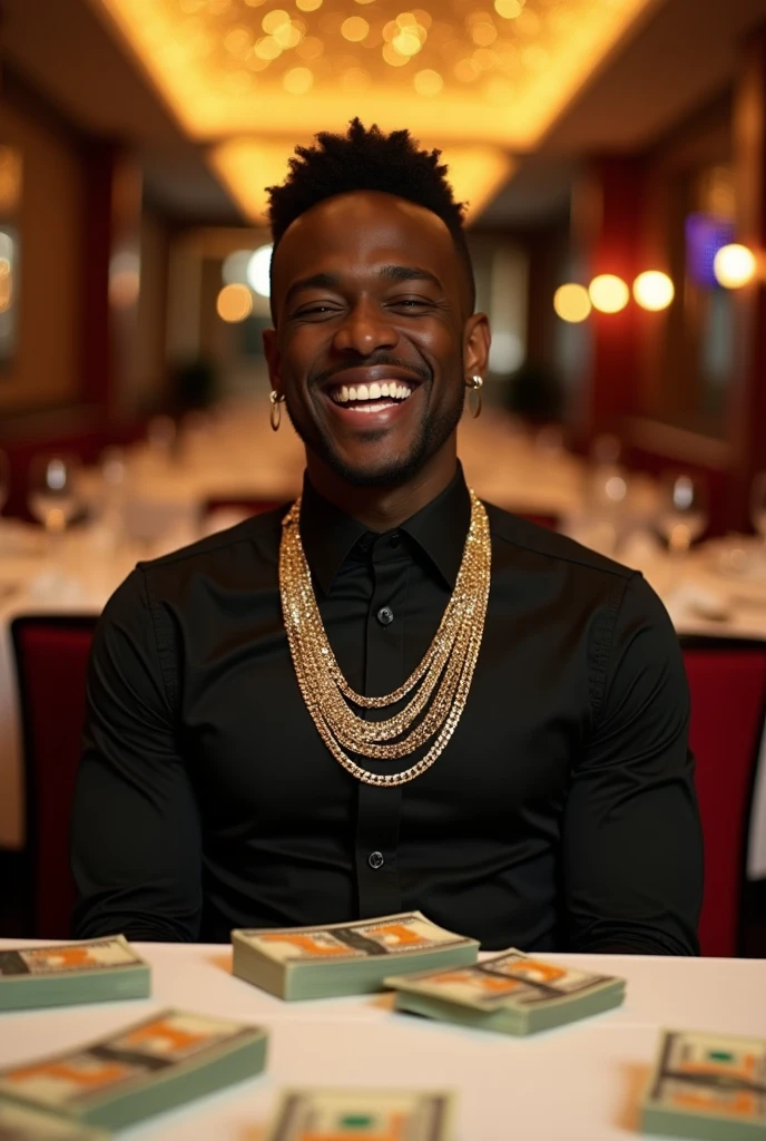 A rapper smiling with gold teeth, wearing a black fitted shirt with chains around his neck and a black tie, dining alone on a 12-seater table, with money. The image should be taken from a distance.