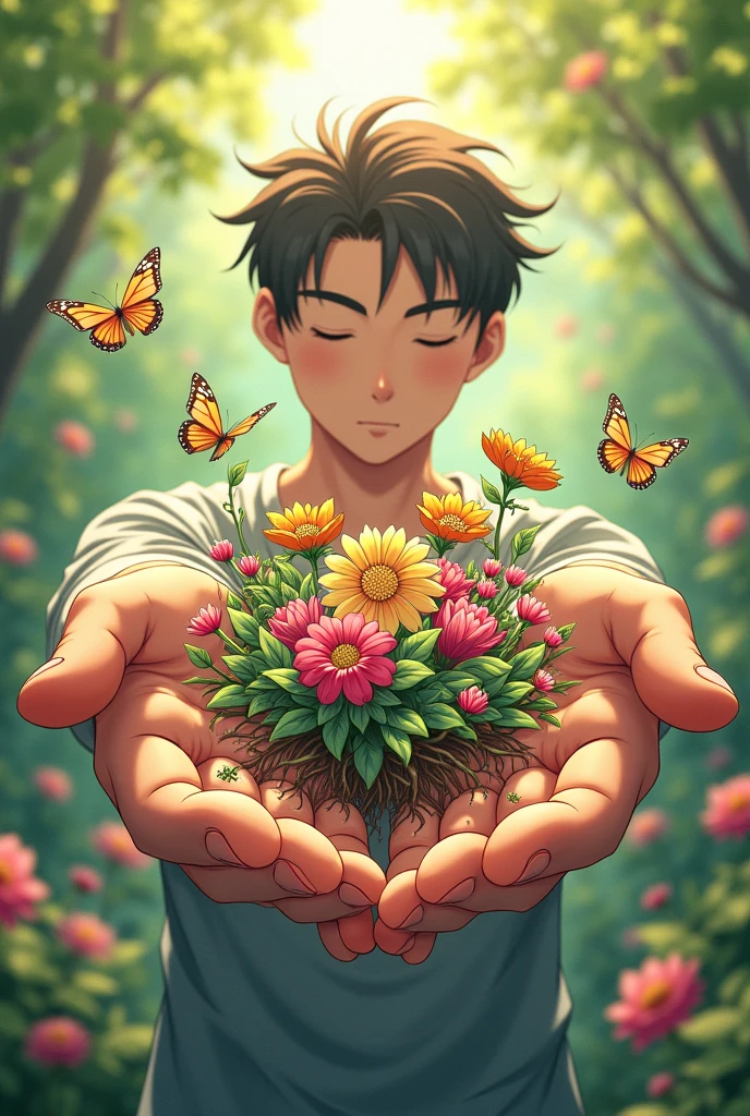 Open male hands with flowers and roots surrounding his fingers and arms in anime style  
