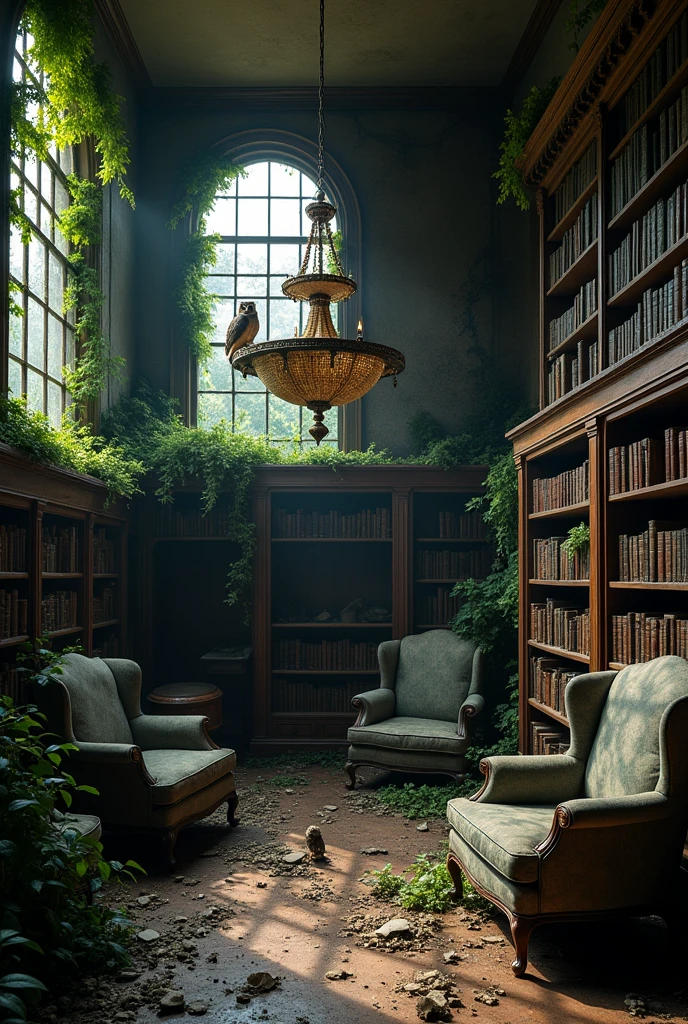 inside of a two storey high ancient abandoned luxury home library, post apocalyptic picture, the nature started to conquer back its territory, dark horror atmosphere, animals around