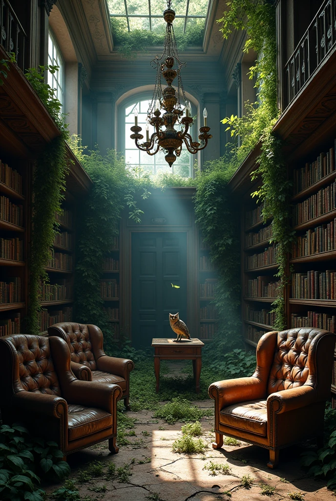 inside of a two storey high ancient abandoned luxury home library, post apocalyptic picture, the nature started to conquer back its territory, dark horror atmosphere, animals around
