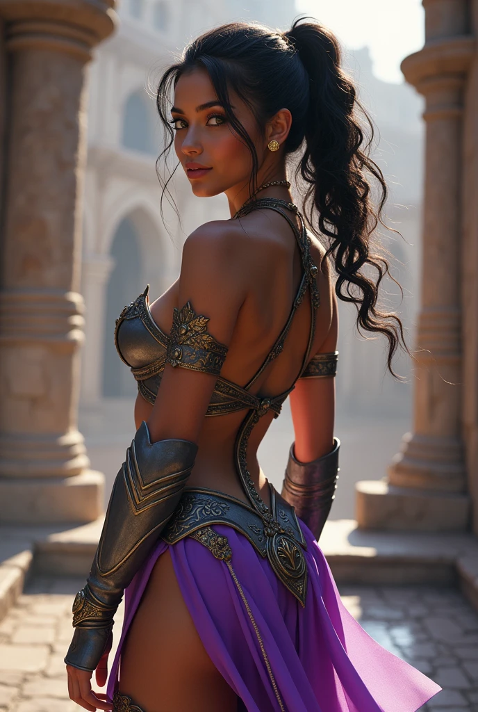 ((best quality)), ((masterpiece)), (detailed), 1girl, (full body image), (Proportionate body), (clothing details), (beautiful face), (vibrant colors), sexy pose from behind, human, female, athletic thin body, tan skin, Puerto Rican, Latina, black curly wavy hair in ponytail, (small gold earrings), barely clothed, Fantasy, Character Design, Volumetric Lighting, Reflections, Glossy, sexy toned butt, looking at viewer, purple and gray clothes, sexy revealing armor, gold trim, white trim, gray trim, armored fingerless gloves, thigh high armored boots, garter straps, castle background, (dull green eyes), (revealing clothing), smirking, thong