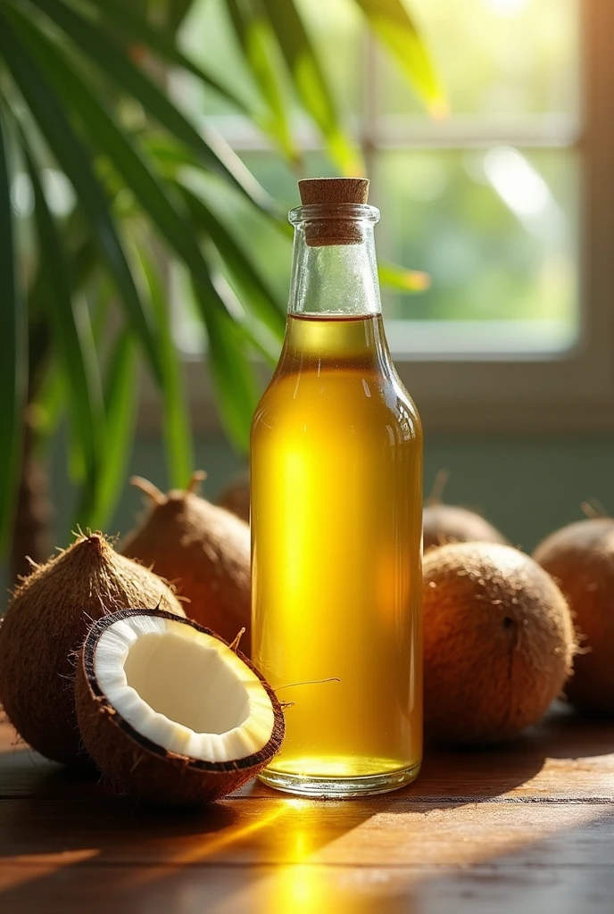 Create a realistic image for sharing on WhatsApp of a bottle of cold-pressed coconut oil surrounded by coconuts..
