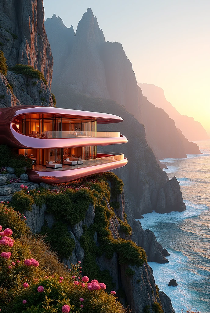 Une maison futuriste d'Rose standing sur les hauteurs d'une falaise face à une montagne et à l'océan