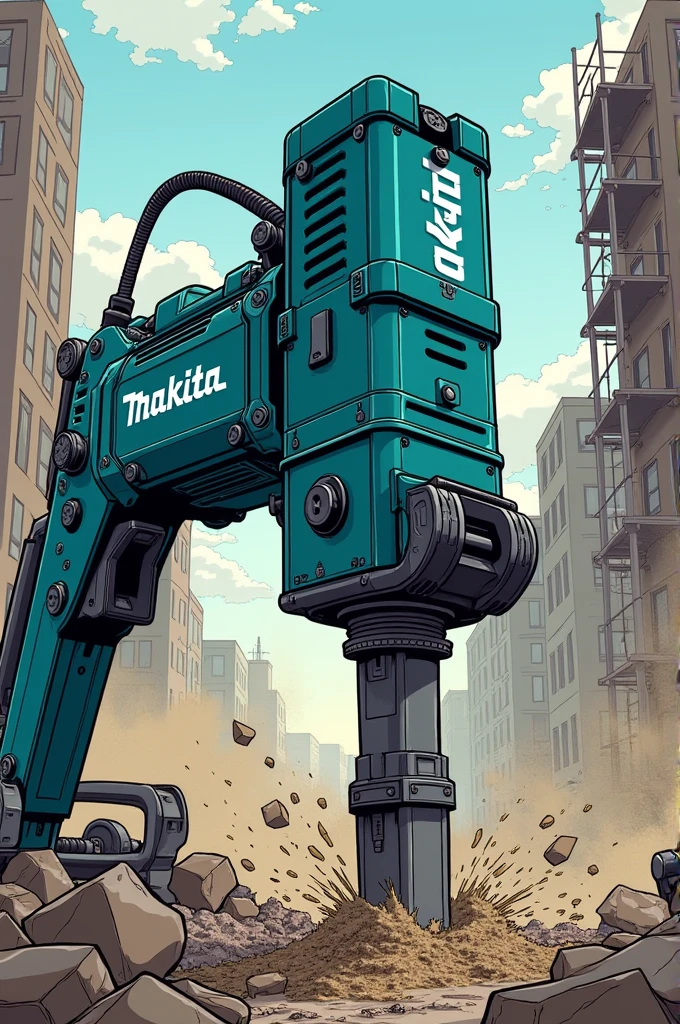 Makita brand demolition hammer drawn in great detail in manga or anime style with thick and thin lines