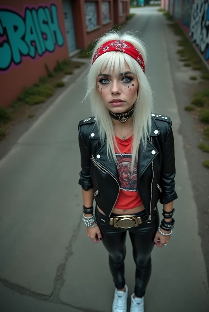 russian milf woman, biker gang member, platinum blonde hair with red bandana headband, with very light blue eyes, extremely pale, heavy eye shadows. Sad face, smeared make up, runny mascara. Wearing black moto jacket, cropped rock band red t-shirt, leather skinny jeans and wiite tennis sneakers . Lots of metallic braceles and collars. Tacky leather belt with oversized buckle. Thumbs in pocketsWide loop earrings. Looks amazed to the camera: big eyes, open mouth