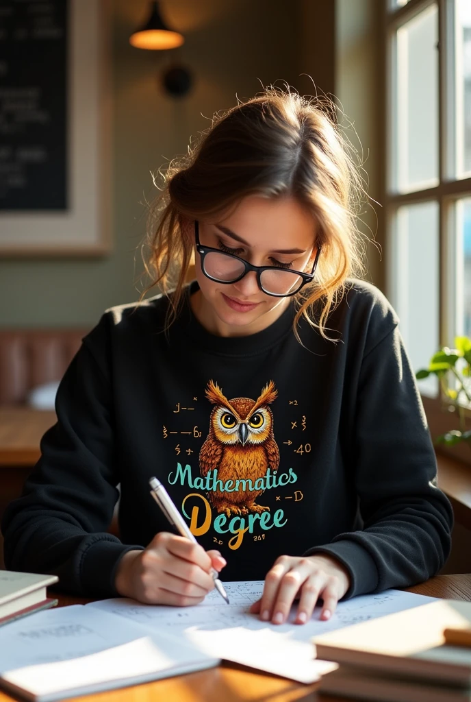 Woman wearing a black sweatshirt with an owl and the inscription 'Mathematics Degree' 
