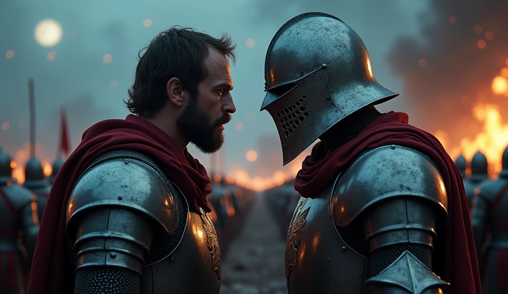 A highly realistic, high-contrast, 8K HD, detailed, hyper-detailed image depicting an intense standoff between the protagonist and the enemy general from the Lion army, set under the cover of night. The protagonist, a Crusader knight, is not wearing a helmet, revealing his determined and fierce expression as he faces his foe. The enemy general, clad in steel armor with a lion emblem and a helmet fully covering his face, stands directly opposite the protagonist, their faces inches apart in a tense and powerful confrontation.
In the background, the battlefield is alive with the chaos of war, as the Crusader and Lion armies clash under the dim light of the moon and stars. The sound of clashing swords and the cries of battle fill the air, adding to the tension of the scene. The atmosphere is charged with anticipation, as both warriors prepare for the inevitable clash. The dramatic lighting highlights the detailed armor and the intense emotions of the scene, with the two figures locked in a moment of high tension, while their armies fight fiercely behind them. The image is of the highest quality, with ultra-high resolution, RAW photo quality, and Unreal Engine rendering, capturing the epic face-off between the protagonist and the enemy general, set against the backdrop of a fierce nighttime battle.
