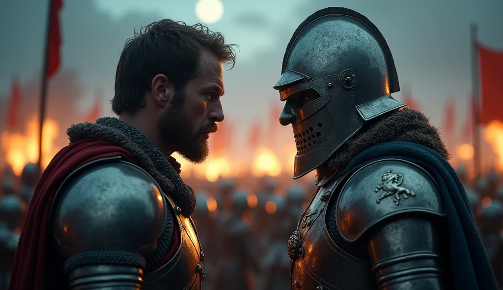 A highly realistic, high-contrast, 8K HD, detailed, hyper-detailed image depicting an intense standoff between the protagonist and the enemy general from the Lion army, set under the cover of night. The protagonist, a Crusader knight, is not wearing a helmet, revealing his determined and fierce expression as he faces his foe. The enemy general, clad in steel armor with a lion emblem and a helmet fully covering his face, stands directly opposite the protagonist, their faces inches apart in a tense and powerful confrontation.
In the background, the battlefield is alive with the chaos of war, as the Crusader and Lion armies clash under the dim light of the moon and stars. The sound of clashing swords and the cries of battle fill the air, adding to the tension of the scene. The atmosphere is charged with anticipation, as both warriors prepare for the inevitable clash. The dramatic lighting highlights the detailed armor and the intense emotions of the scene, with the two figures locked in a moment of high tension, while their armies fight fiercely behind them. The image is of the highest quality, with ultra-high resolution, RAW photo quality, and Unreal Engine rendering, capturing the epic face-off between the protagonist and the enemy general, set against the backdrop of a fierce nighttime battle.