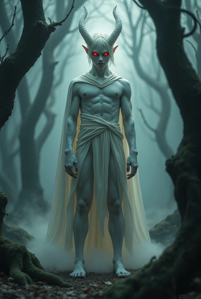 Profile of an albino demon, pale translucent skin, short platinum blonde hair, Red eyes, the sclera of your eye is black, is man