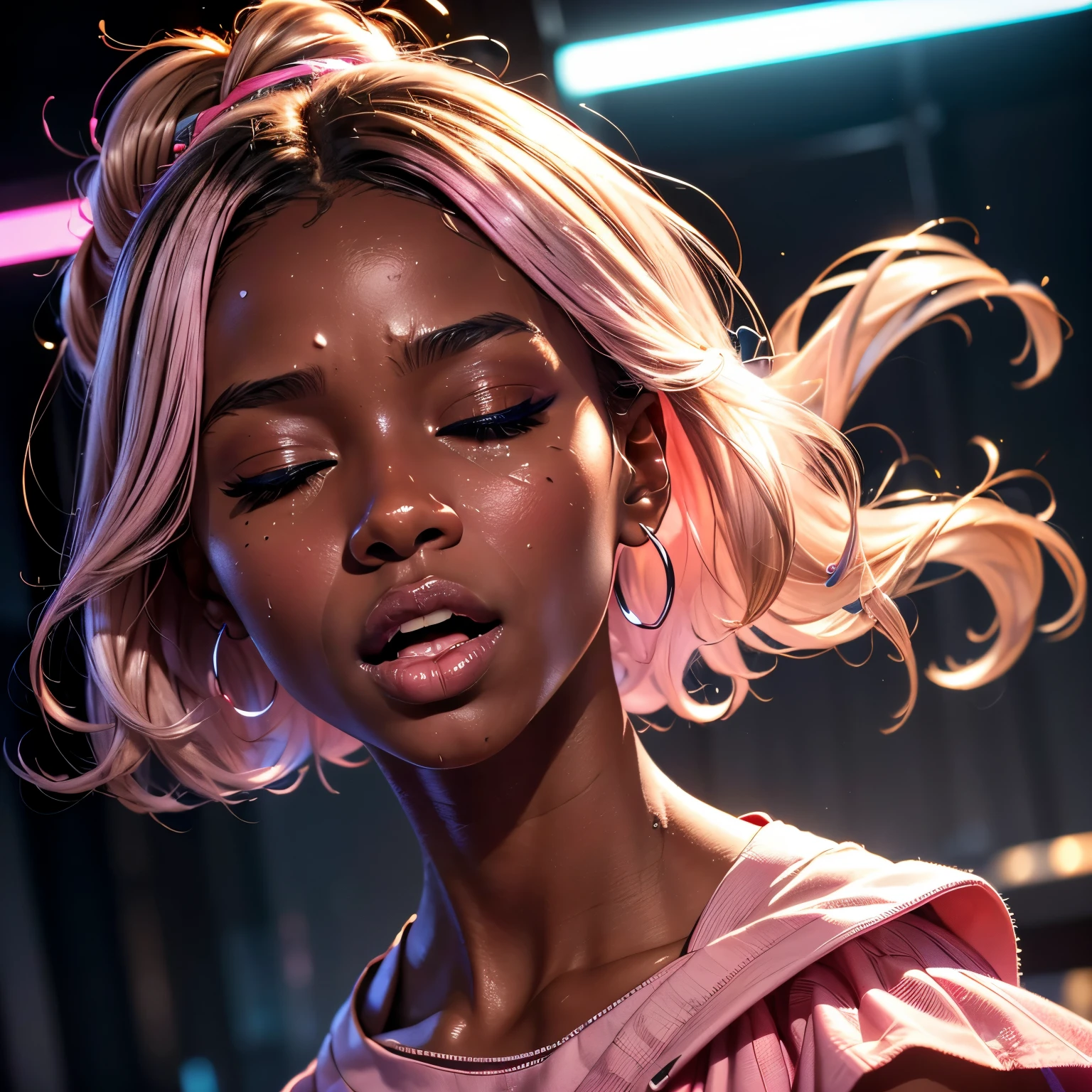 in laboratory, (18 years old), (dark skin), dark skin, wide shot, blond hair, orgasm, (white button down top, pink pleaded skirt), (Masterpiece, Professional lighting, 16k, 8k wallpaper, raw photo, photorealistic:1.8, ultra detailed, natural lighting, detailed skin sexy pose, open mouth, big lips, night time, eyes closed, magic energy, neon light, orgasm, sweating, crying, screaming,