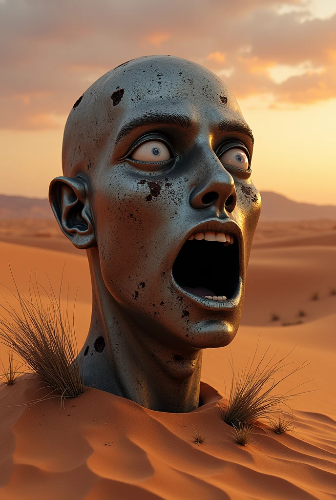I want an image of a surprised metal male head, abandoned , deteriorated and covered in sand in the surreal desert
