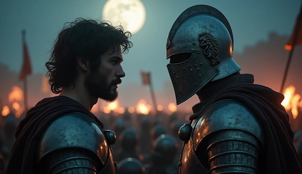A highly realistic, high-contrast, 8K HD, detailed, hyper-detailed image depicting an intense standoff between the protagonist and the enemy general from the Lion army, set under the cover of night. The protagonist, a Crusader knight, is not wearing a helmet, revealing his determined and fierce expression as he faces his foe. The enemy general, clad in steel armor with a lion emblem and a helmet fully covering his face, stands directly opposite the protagonist, their faces inches apart in a tense and powerful confrontation. 

In the background, the battlefield is alive with the chaos of war, as the Crusader and Lion armies clash under the dim light of the moon and stars. The sound of clashing swords and the cries of battle fill the air, adding to the tension of the scene. The atmosphere is charged with anticipation, as both warriors prepare for the inevitable clash. The dramatic lighting highlights the detailed armor and the intense emotions of the scene, with the two figures locked in a moment of high tension, while their armies fight fiercely behind them. The image is of the highest quality, with ultra-high resolution, RAW photo quality, and Unreal Engine rendering, capturing the epic face-off between the protagonist and the enemy general, set against the backdrop of a fierce nighttime battle.
