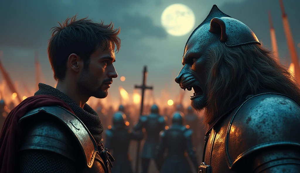 A highly realistic, high-contrast, 8K HD, detailed, hyper-detailed image depicting an intense standoff between the protagonist and the enemy general from the Lion army, set under the cover of night. The protagonist, a Crusader knight, is not wearing a helmet, revealing his determined and fierce expression as he faces his foe. The enemy general, clad in steel armor with a lion emblem and a helmet fully covering his face, stands directly opposite the protagonist, their faces inches apart in a tense and powerful confrontation.
In the background, the battlefield is alive with the chaos of war, as the Crusader and Lion armies clash under the dim light of the moon and stars. The sound of clashing swords and the cries of battle fill the air, adding to the tension of the scene. The atmosphere is charged with anticipation, as both warriors prepare for the inevitable clash. The dramatic lighting highlights the detailed armor and the intense emotions of the scene, with the two figures locked in a moment of high tension, while their armies fight fiercely behind them. The image is of the highest quality, with ultra-high resolution, RAW photo quality, and Unreal Engine rendering, capturing the epic face-off between the protagonist and the enemy general, set against the backdrop of a fierce nighttime battle.