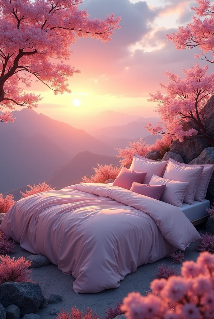 Create me a mega cozy bed that's up on a mountain with beautiful Japanese trees, a nice view of the mountains with the sunset, and the bed is so huge and super beautiful and super comfortable that you'd want to sleep in it the most.