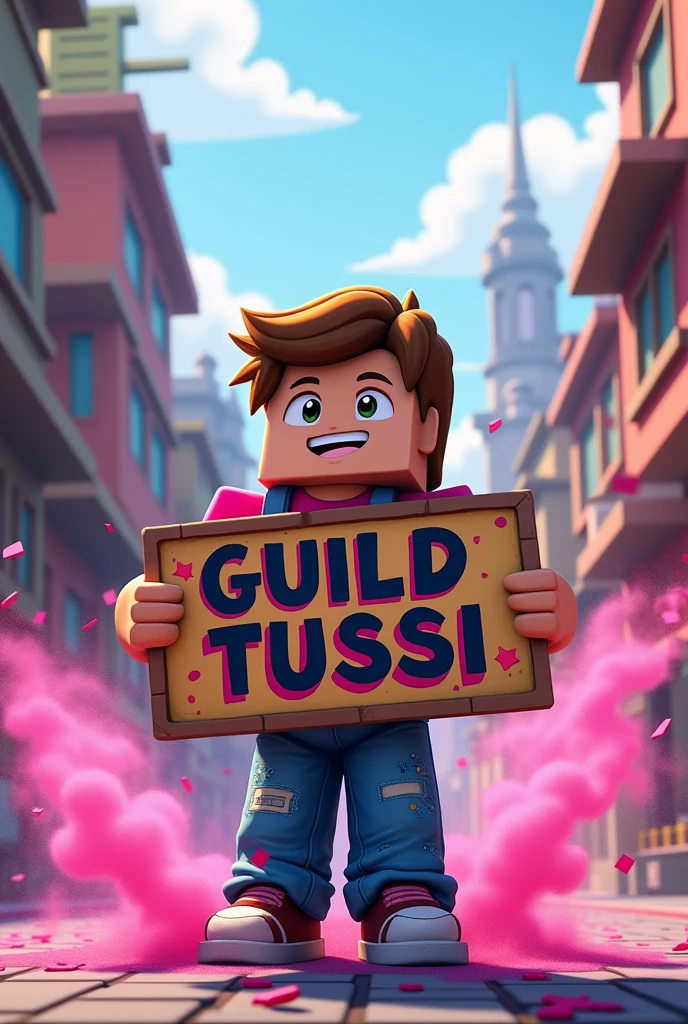 generate a minecraft steve (the skin) with street clothes flow.
holding a sign in the middle that says GUILD TUSSI in the middle and pink powders.