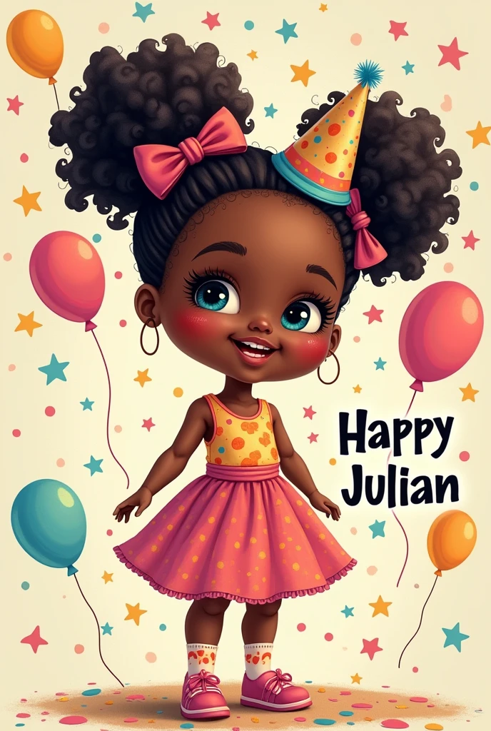 A cute happy birthday message for Julian with a drawing of a dark-skinned doll
