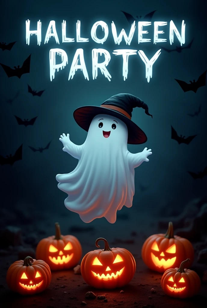 W górnej części wyśrodkowany napis HALLOWEEN PARTY. W mrocznym klimacie. W centralnej części obrazek ducha w czapce czarownicy. Na dole dynie. Dookoła nietoperze.
