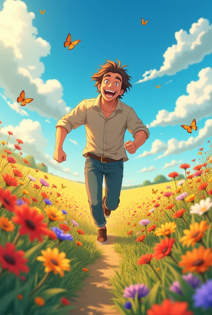 Running through a field of flowers
A middle-aged dad anime