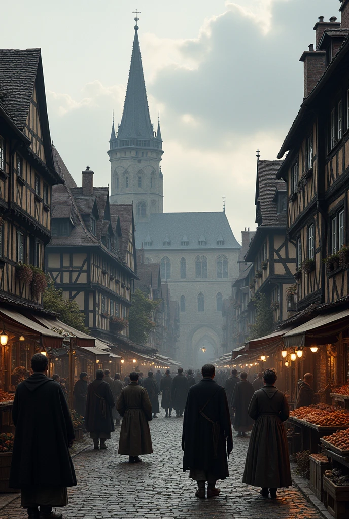I need an image that shows the landscape of Strasbourg in the 15th century., with a general perspective of the place and that shows the lifestyle and how people looked, in a realistic style and less cheerful


