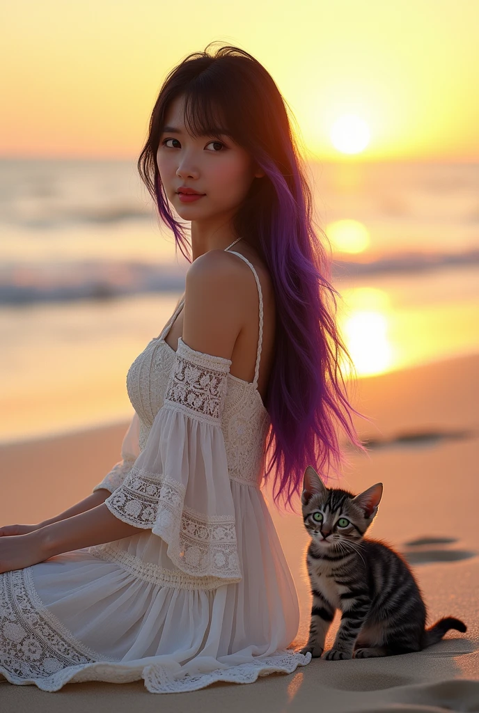 Young woman with Asian features, hair half left black and half right purple, long, very straight and with bangs, white bohemian lace dress with lace flared sleeves, sitting with her back to the sand on a beach at sunset, next to a gray kitten with black stripes and green eyes