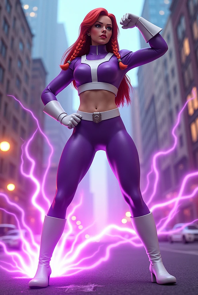 Rhea Jones, Lodestone from doom patrol, (red 2 tiny braids long hair:1.4), (huge breast:1.6), wearing a violet costume 1960 style, big white in the chest and stomach, with white belt, white glowes, white boots, (screenshot of a beat em up videogame), (she's performing a strong punch on the floor provocating an earthquake surrounded by a purple energy:1.5), (3d style:1.4)