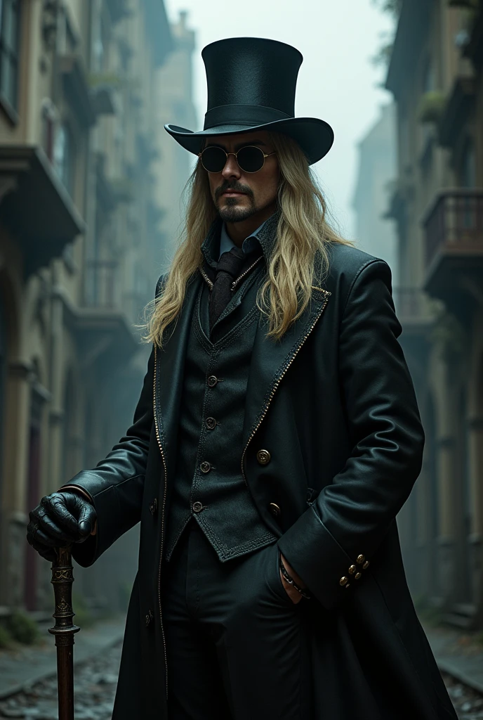 A hunter from bloodborne dresses with a top hat and the hunter set, usig dark glasses and a cane as your weapon, white skin tone, blonde long hair and a goatee as facial hair
