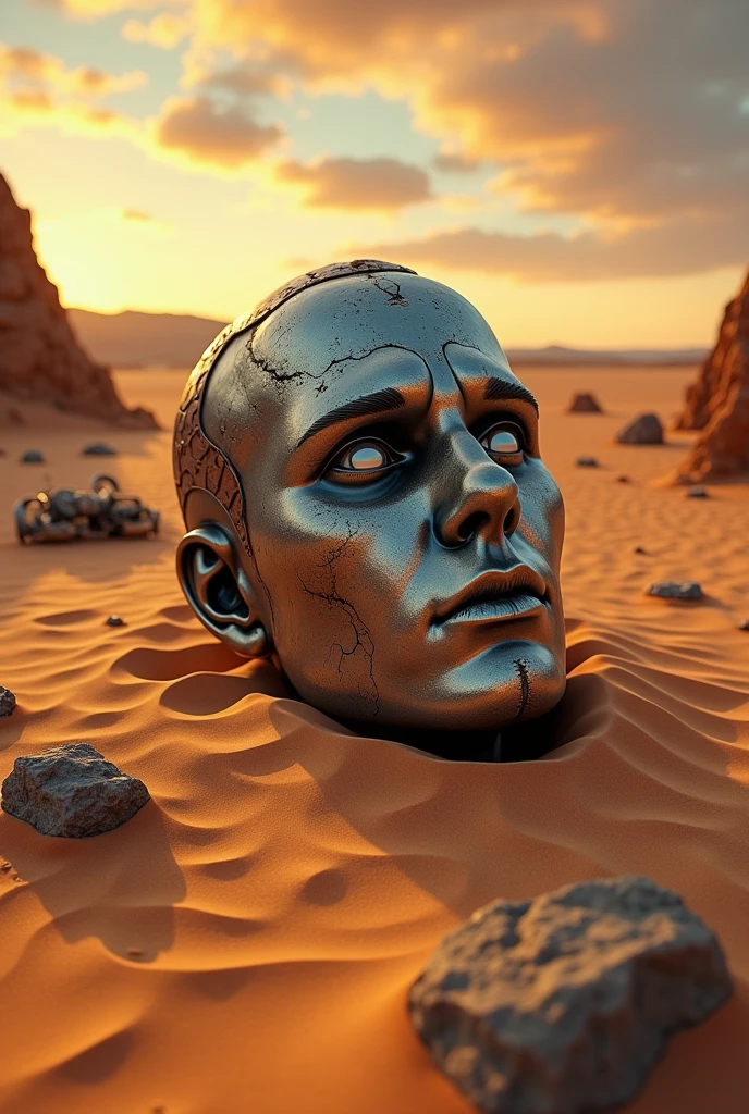 I want an image of a surprised metal male head, abandoned , decayed and buried in the sand in the surreal desert