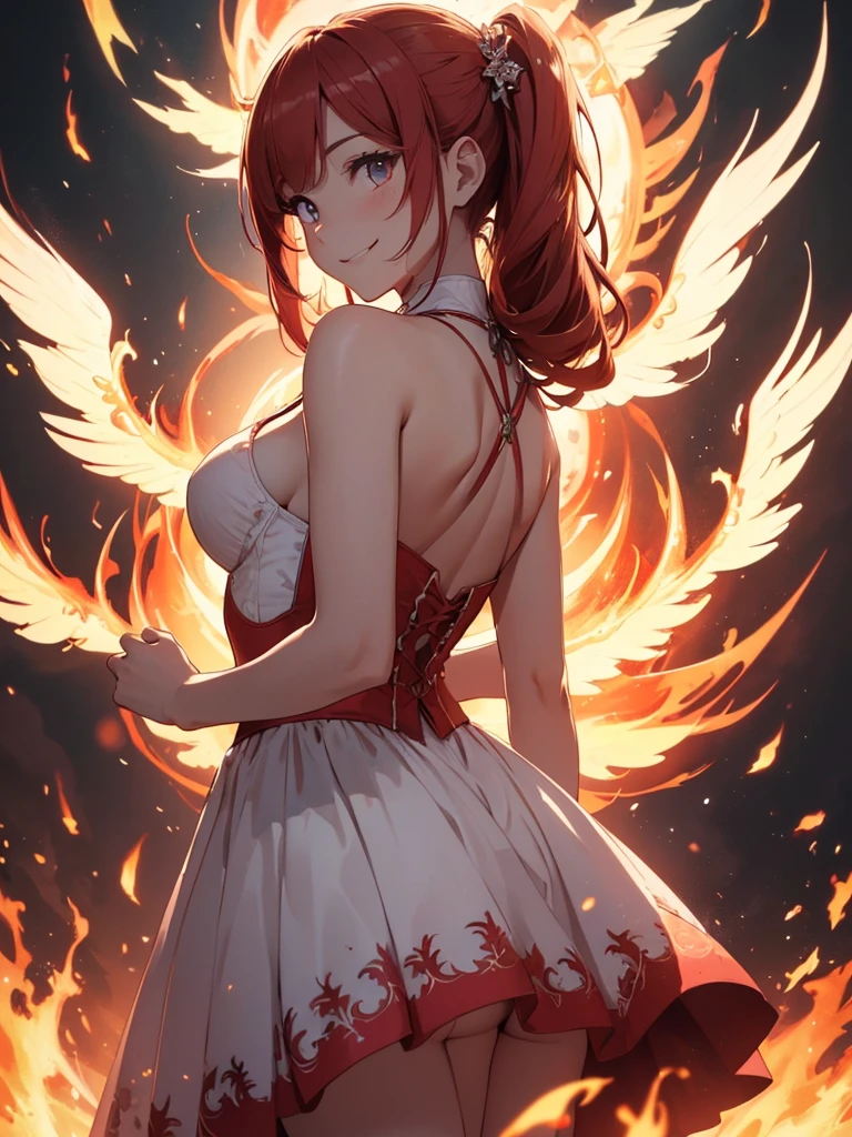 (((best quality, sharp image, clear image, cinematic lighting, 8k resolution, masterpiece, ultra detailed, intricate))) Girl, (((looking over left shoulder))), (shot from behind), ((shot from hip up)), fiery red hair, pigtails, ((white dress)), ((flaming sigils, flaming runes)), spiky rock formations, (flaming lotus flowers frame), (intricate background), ((Phoenix)), (swirling flames), smiling