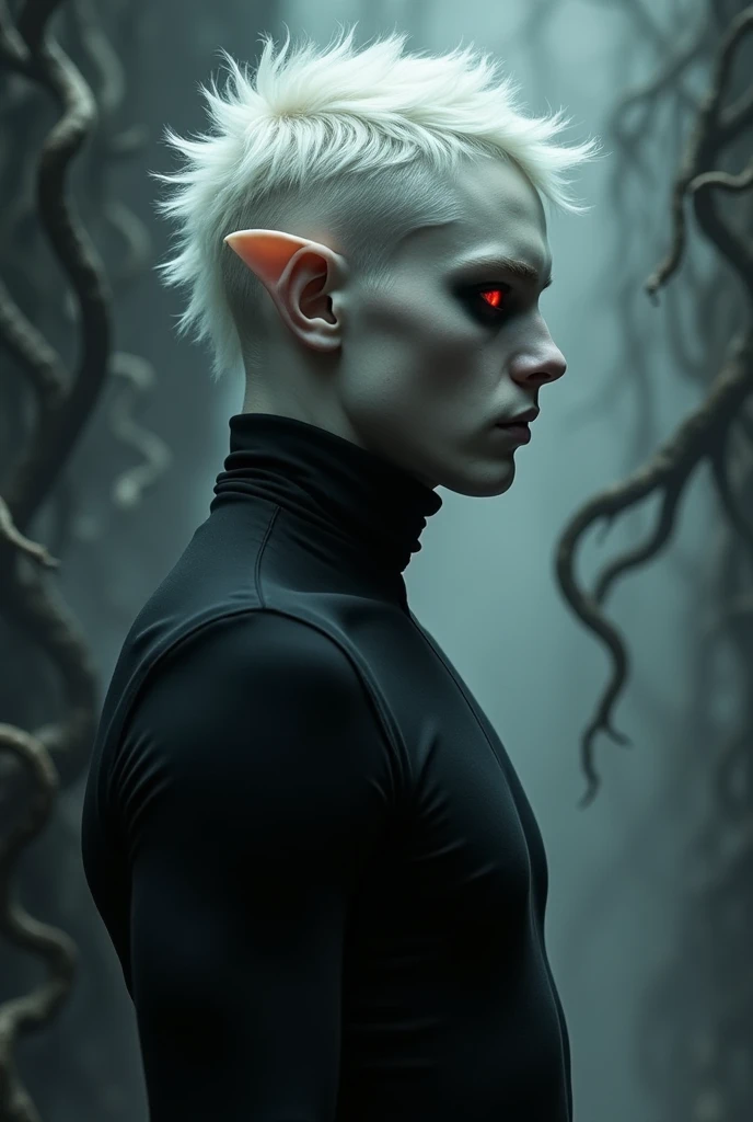 Profile of an albino demon, pale translucent skin, short platinum blonde hair, Red eyes, the sclera of your eye is black, is man, wear black clothes