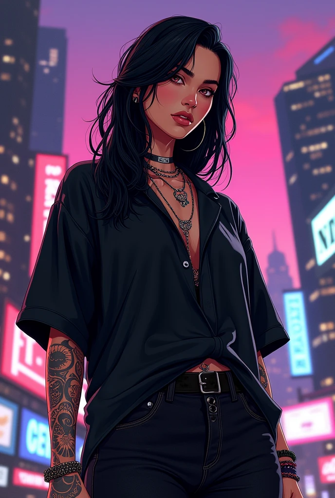 Generate a GTA V style image of a girl dressed in drip style, dressed in black with tattoos, with black hair, that he has tattoos and that in the background you can see the city in the GTA video game style and that his skin color is light