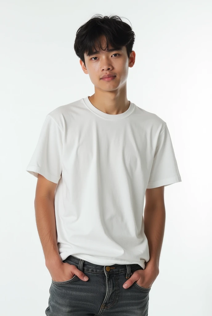 "A male university student with monolids and an unattractive face, with uneven skin. He has short, dark hair, wears casual student attire, and is standing against a plain white background."