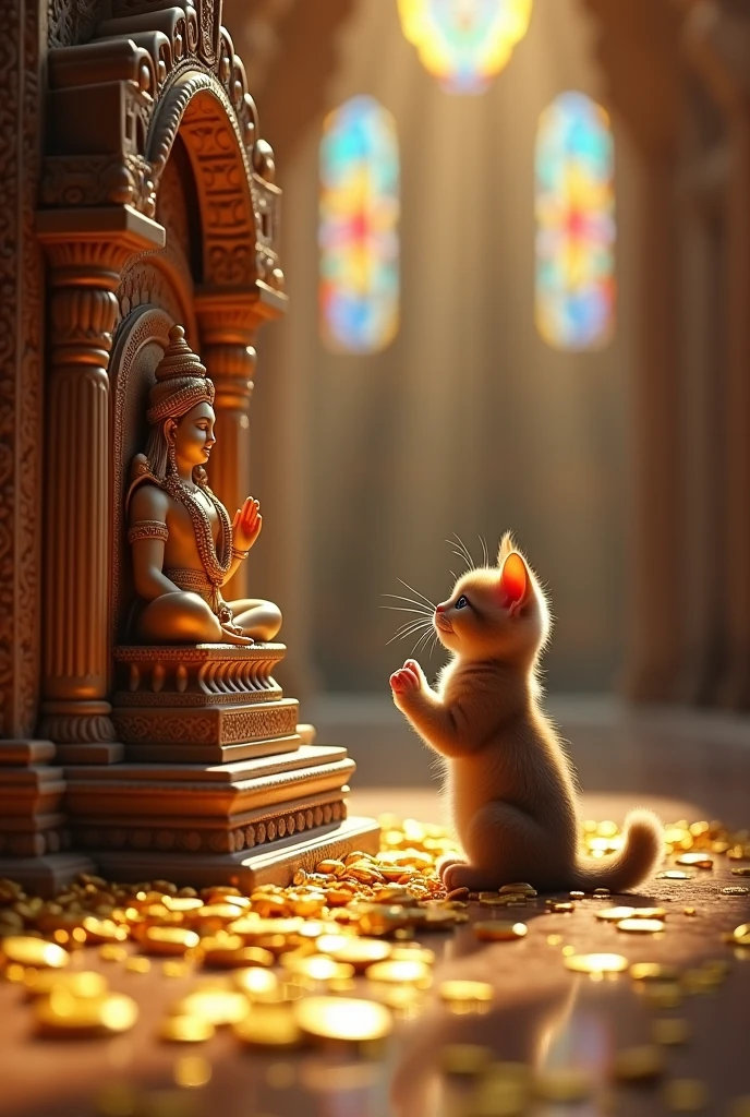 (photorealism:1.2), cute miniature cat praying to shree ram, temple full of gold coins and bars.