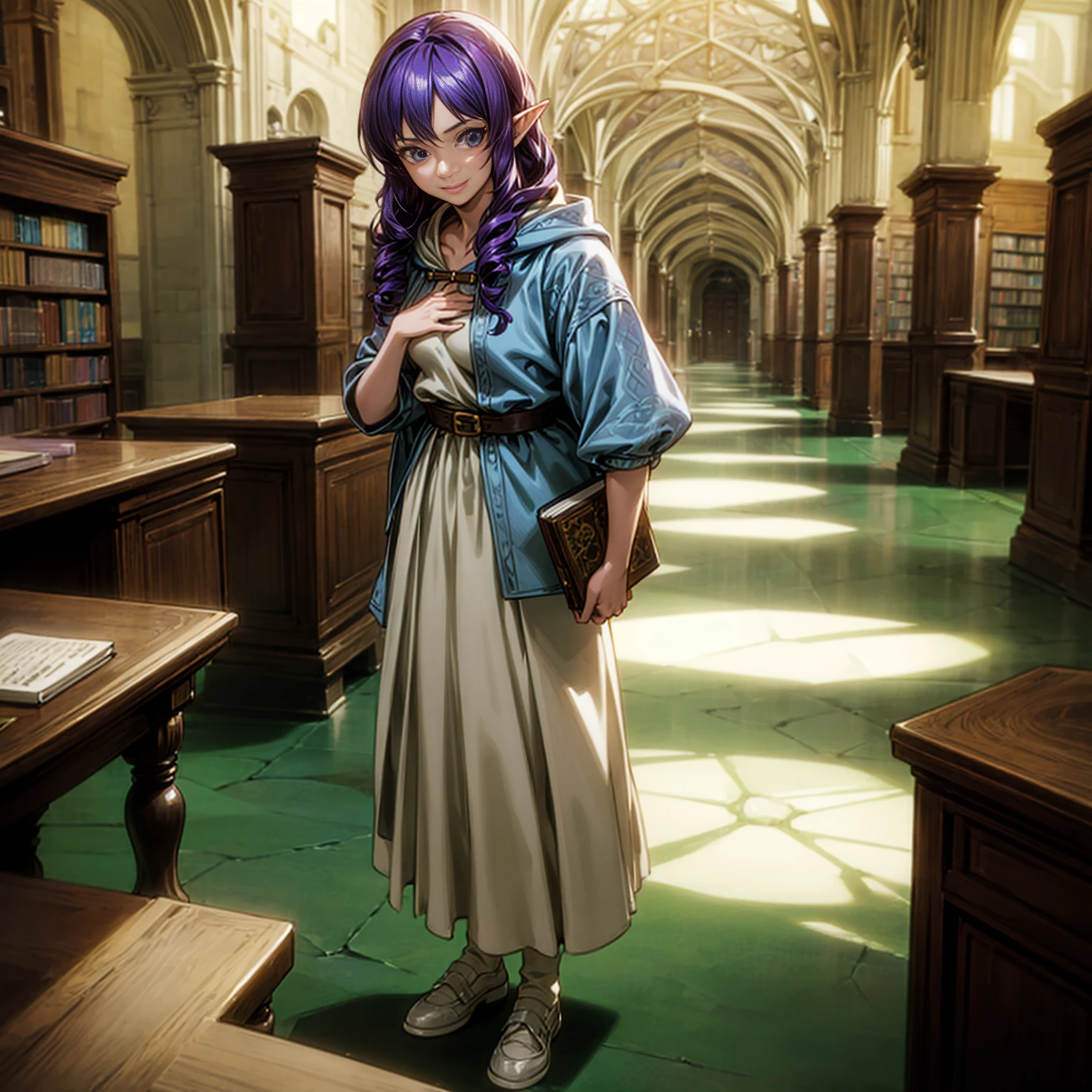 Solo character, full body version,  girl, (elf), blue eyes, purple color hair, long Curly haircut, His hair covered his eyes, brown Hoodie, white long skirt, shoes, indoor, library, town, medieval, detailed background, detailed clothing, detailed hair, standing gesture, (one piece style art), smile mouth, book in hand, medium breast 