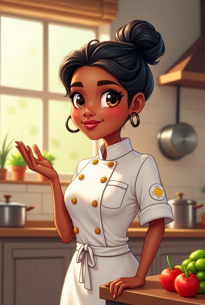 Dibujo animado chef mujer dando un beso hacia su derecha 😘 morena cabello negro