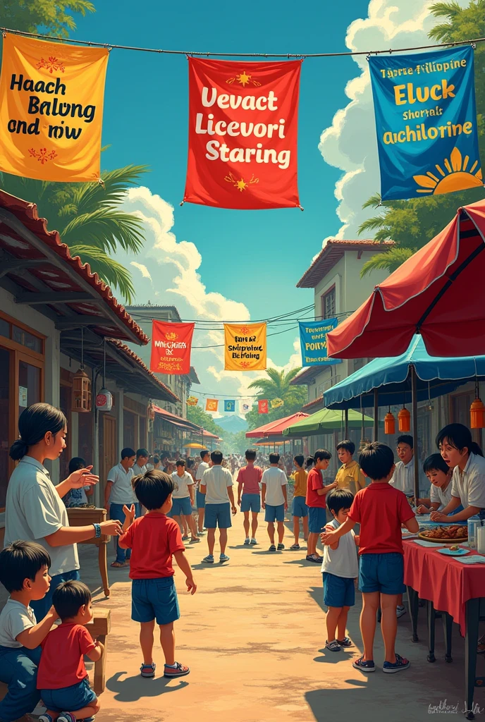 *The image depicts the Filipino language, in various scenes of Filipino life, people speaking and writing in the language or using it in various forms of expression. The image is filled with vibrant colors and depicts the Filipino language as an important part of Filipino culture and identity*