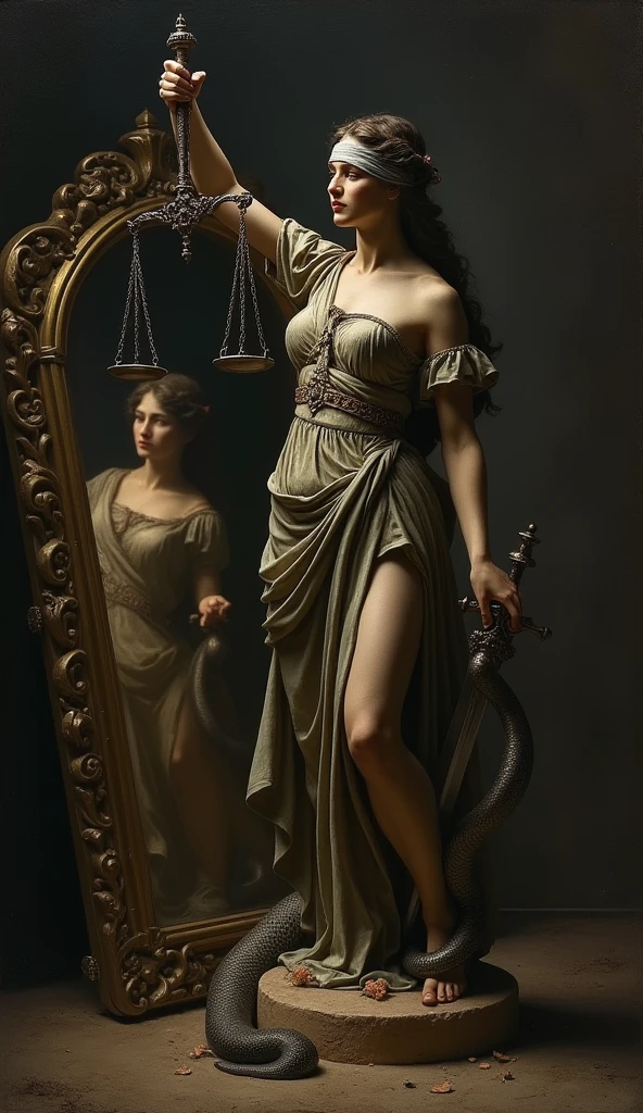 lady justice stands triumphant in the center, scales of justice in one of her hands, a sword is held in her other hand, she is blindfolded, lady prudentia lurks in the background holding a snake and gazing into a mirror, dark and desolate, renaissance painting, in the style of rembrandt, epic composition, realistic, oil painting,