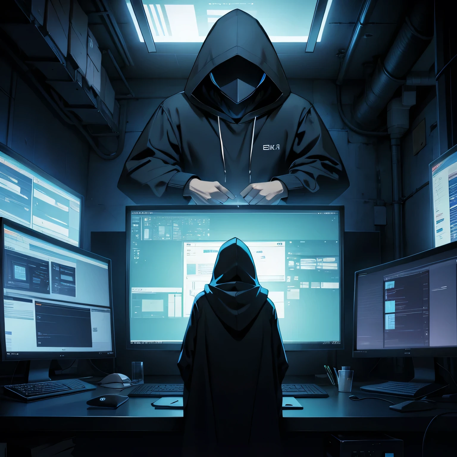 hacker,coasts,Lighting,Multiple monitors,hooded cloak