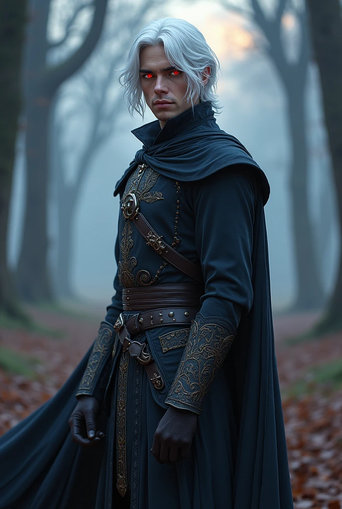 Male gender, anime, shoulder length white hair, ruby red eyes, Medieval clothing, slightly feminine, serious expression and full body