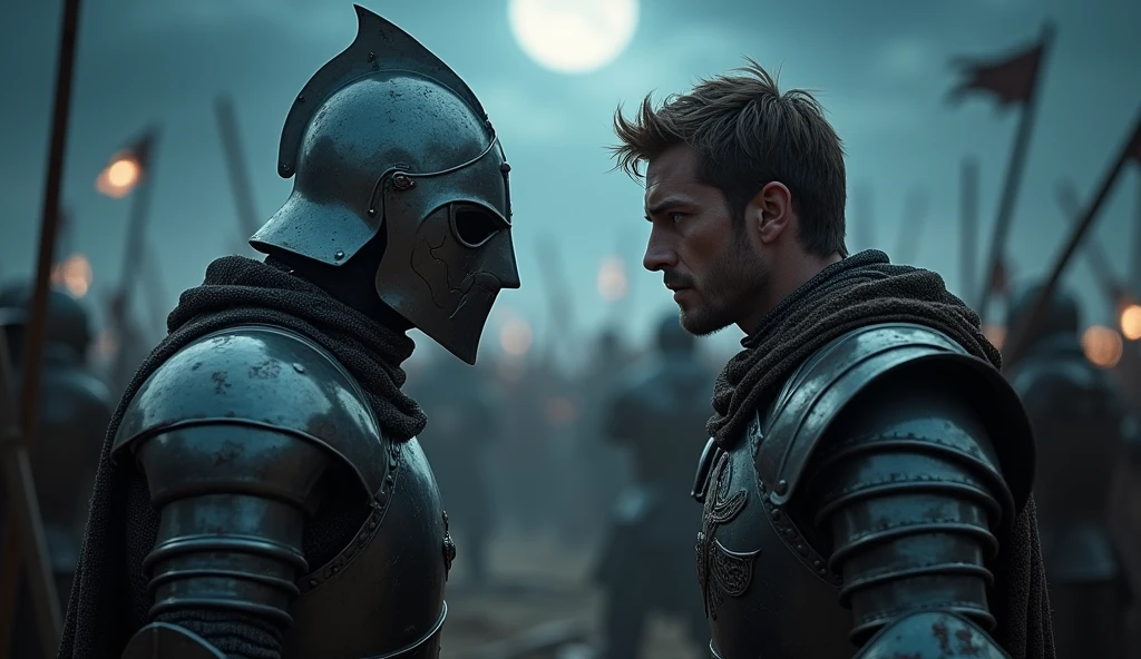 A highly realistic, high-contrast, 8K HD, detailed, hyper-detailed image depicting an intense standoff between the protagonist and the enemy general from the Lion army, set under the cover of night. The protagonist, a Crusader knight, is not wearing a helmet, revealing his determined and fierce expression as he faces his foe. The enemy general, clad in steel armor with a lion emblem and a helmet fully covering his face, stands directly opposite the protagonist, their faces inches apart in a tense and powerful confrontation.
In the background, the battlefield is alive with the chaos of war, as the Crusader and Lion armies clash under the dim light of the moon and stars. The sound of clashing swords and the cries of battle fill the air, adding to the tension of the scene. The atmosphere is charged with anticipation, as both warriors prepare for the inevitable clash. The dramatic lighting highlights the detailed armor and the intense emotions of the scene, with the two figures locked in a moment of high tension, while their armies fight fiercely behind them. The image is of the highest quality, with ultra-high resolution, RAW photo quality, and Unreal Engine rendering, capturing the epic face-off between the protagonist and the enemy general, set against the backdrop of a fierce nighttime battle.