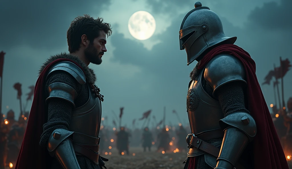 A highly realistic, high-contrast, 8K HD, detailed, hyper-detailed image depicting an intense standoff between the protagonist and the enemy general from the Lion army, set under the cover of night. The protagonist, a Crusader knight, is not wearing a helmet, revealing his determined and fierce expression as he faces his foe. The enemy general, clad in steel armor with a lion emblem and a helmet fully covering his face, stands directly opposite the protagonist, their faces inches apart in a tense and powerful confrontation. 

In the background, the battlefield is alive with the chaos of war, as the Crusader and Lion armies clash under the dim light of the moon and stars. The sound of clashing swords and the cries of battle fill the air, adding to the tension of the scene. The atmosphere is charged with anticipation, as both warriors prepare for the inevitable clash. The dramatic lighting highlights the detailed armor and the intense emotions of the scene, with the two figures locked in a moment of high tension, while their armies fight fiercely behind them. The image is of the highest quality, with ultra-high resolution, RAW photo quality, and Unreal Engine rendering, capturing the epic face-off between the protagonist and the enemy general, set against the backdrop of a fierce nighttime battle.
